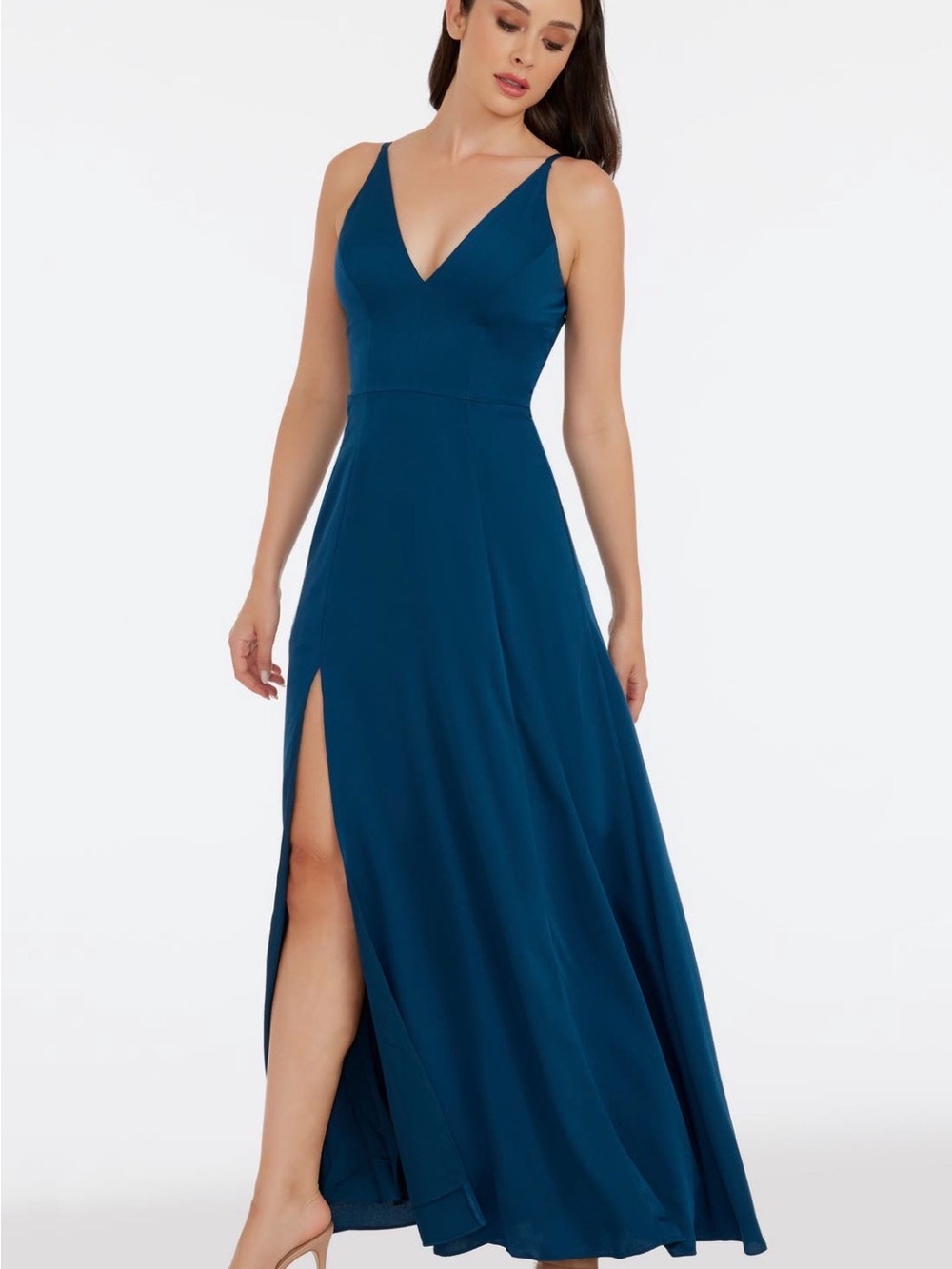 Dress the Population Iris Slit Crepe Deep V Maxi Dress in peacock